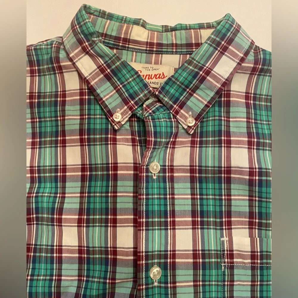 Lands End Canvas Men's Size Large Green Plaid Button Up Long‎ Sleeve Shirt
